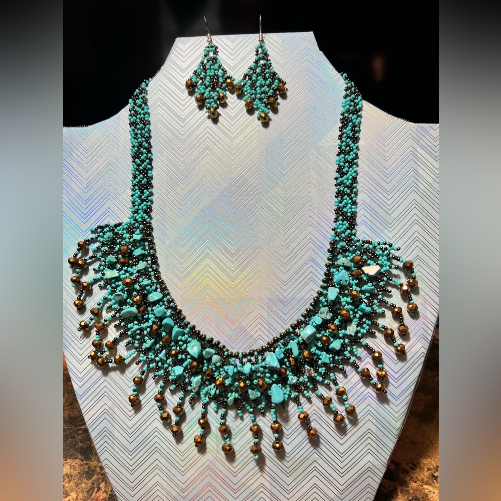 Hand Crafted Blue Beaded Necklace, and Earings